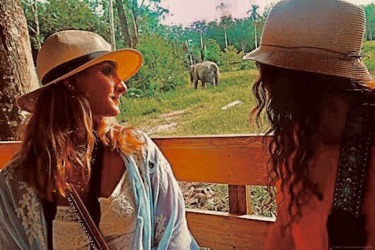My friend Taylor and myself sitting in the safari jeep, with an elephant in the distance. We are both wearing straw hats.