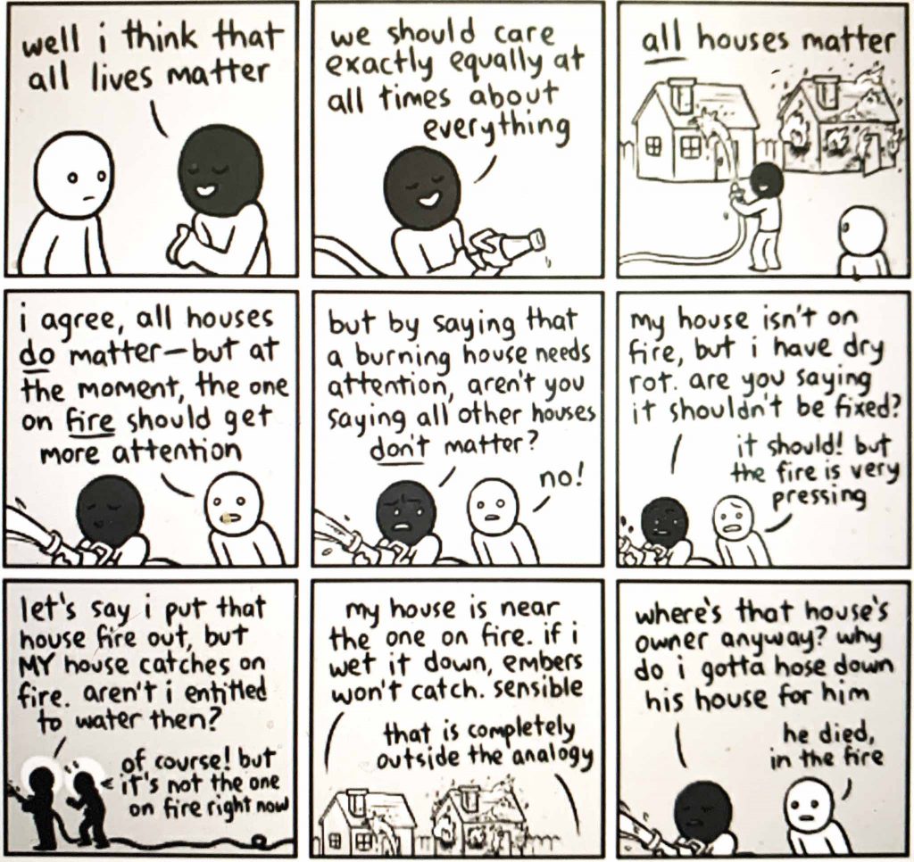 An infographic explaining why we are saying Black Lives Matter instead of "All Lives Matter," right now.